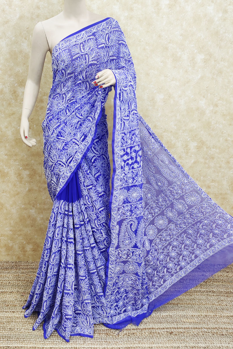 Blue Color Allover Hand Embroidered Work Lucknowi Chikankari Saree (with Blouse - Georgette) Mc251898